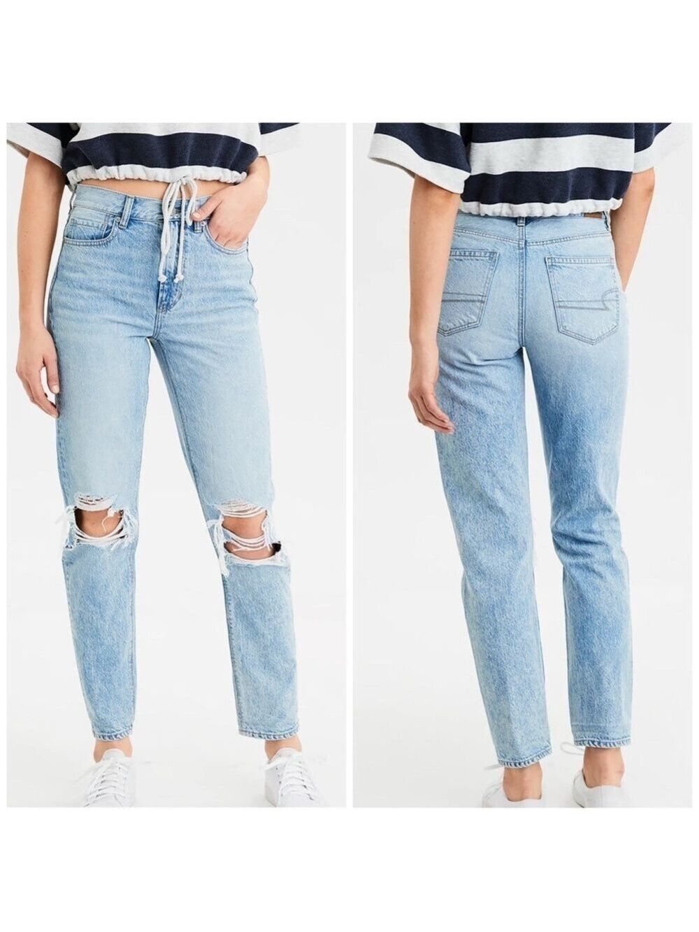 American Eagle High Rise Non-Stretch Denim Distressed Light Wash Denim Mom Jeans